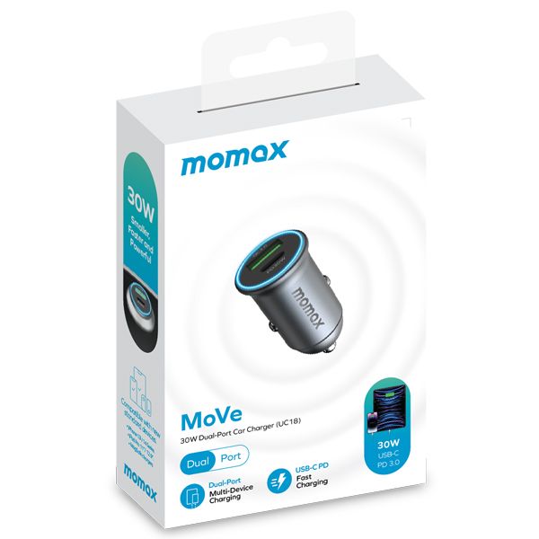 Momax MoVe 30W Dual-Port Car Charger | Space Grey Momax MoVe 30W Dual-Port Car Charger | Space Grey